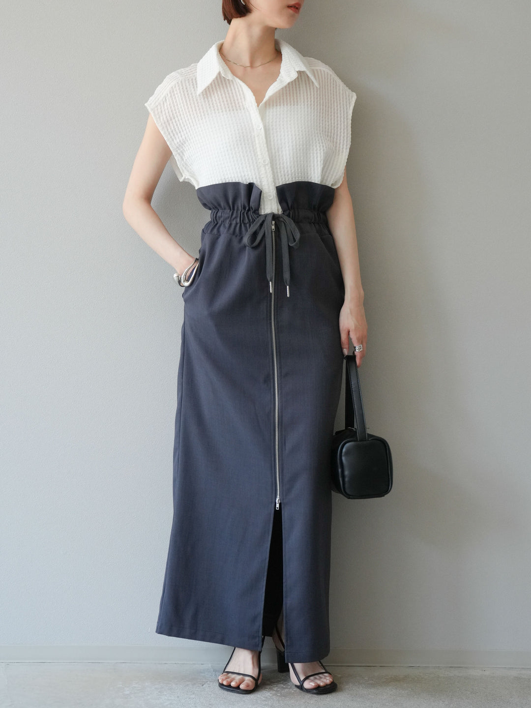 [SET]シアーチェックノースリーブシャツ+ヘザーエステルギャザージップスカート(2set)