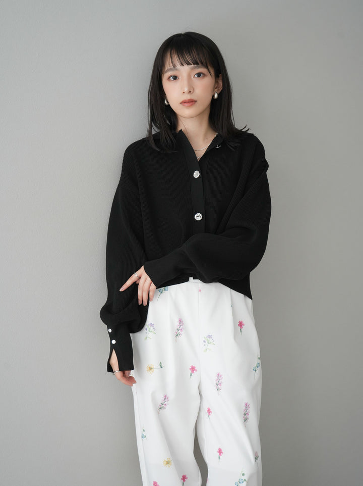[SET]ボリュームスリーブポロニットカーディガン+フラワーアートプリントタックパンツ(2set)