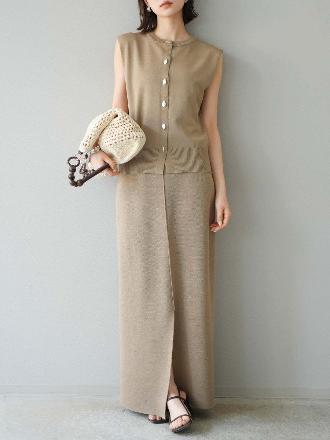 [予約]レーヨンポリIラインニットスカート/ベージュ