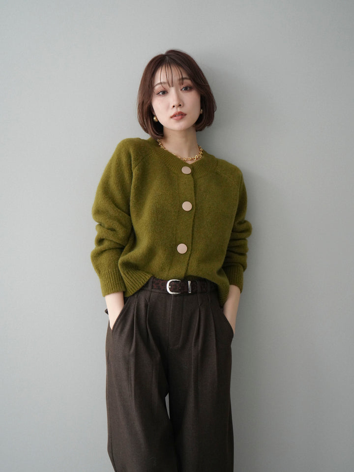 [SET]BIGボタンニットカーディガン+アニマル柄ベルト付きウールタッチワイドパンツ(2set)