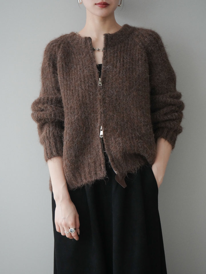 [予約]MIXヤーンモヘアタッチZIPニットカーディガン/brown