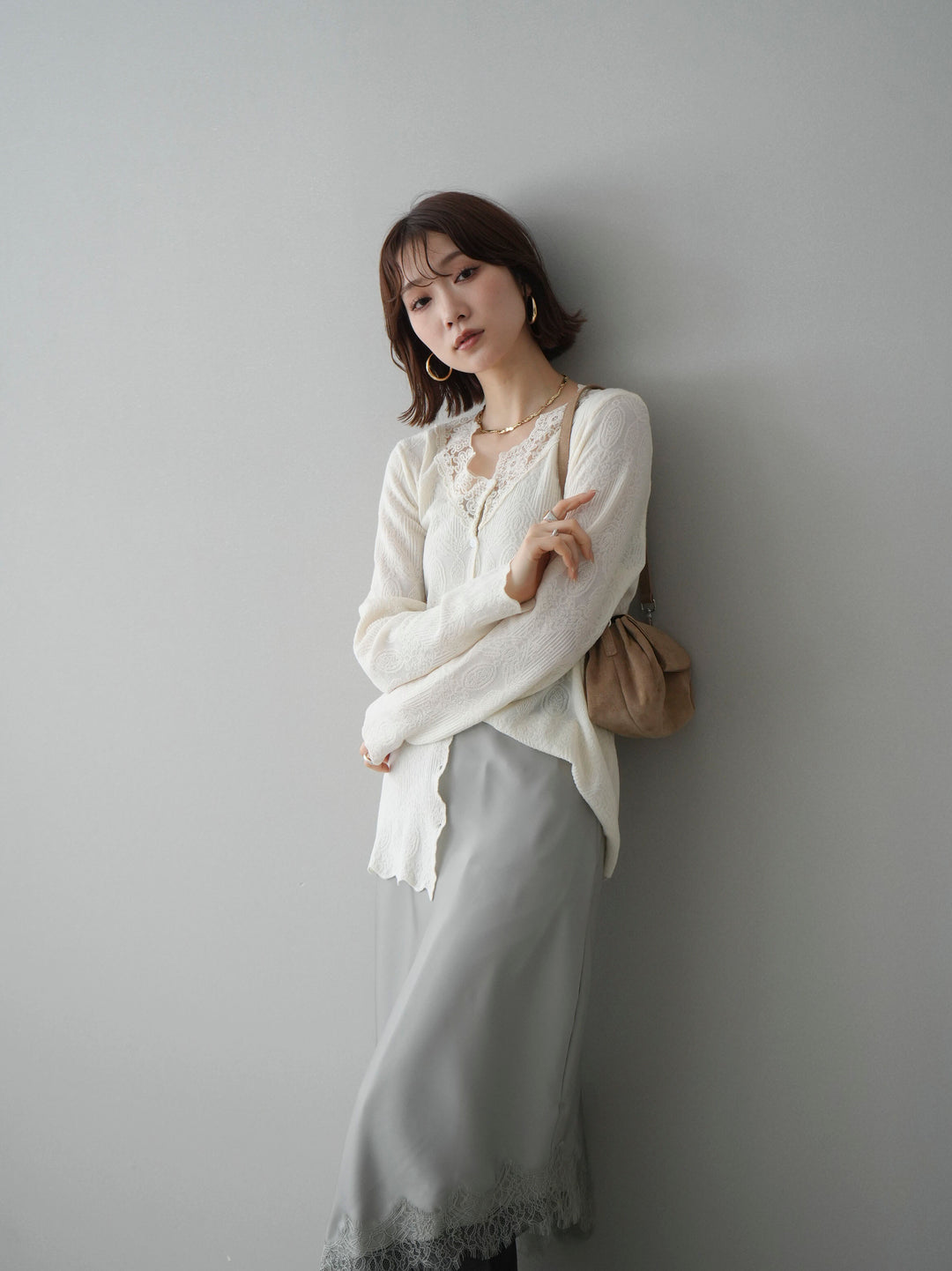 [SET]レースネックジャガードニットカーディガン+選べるアクセセット(2set)