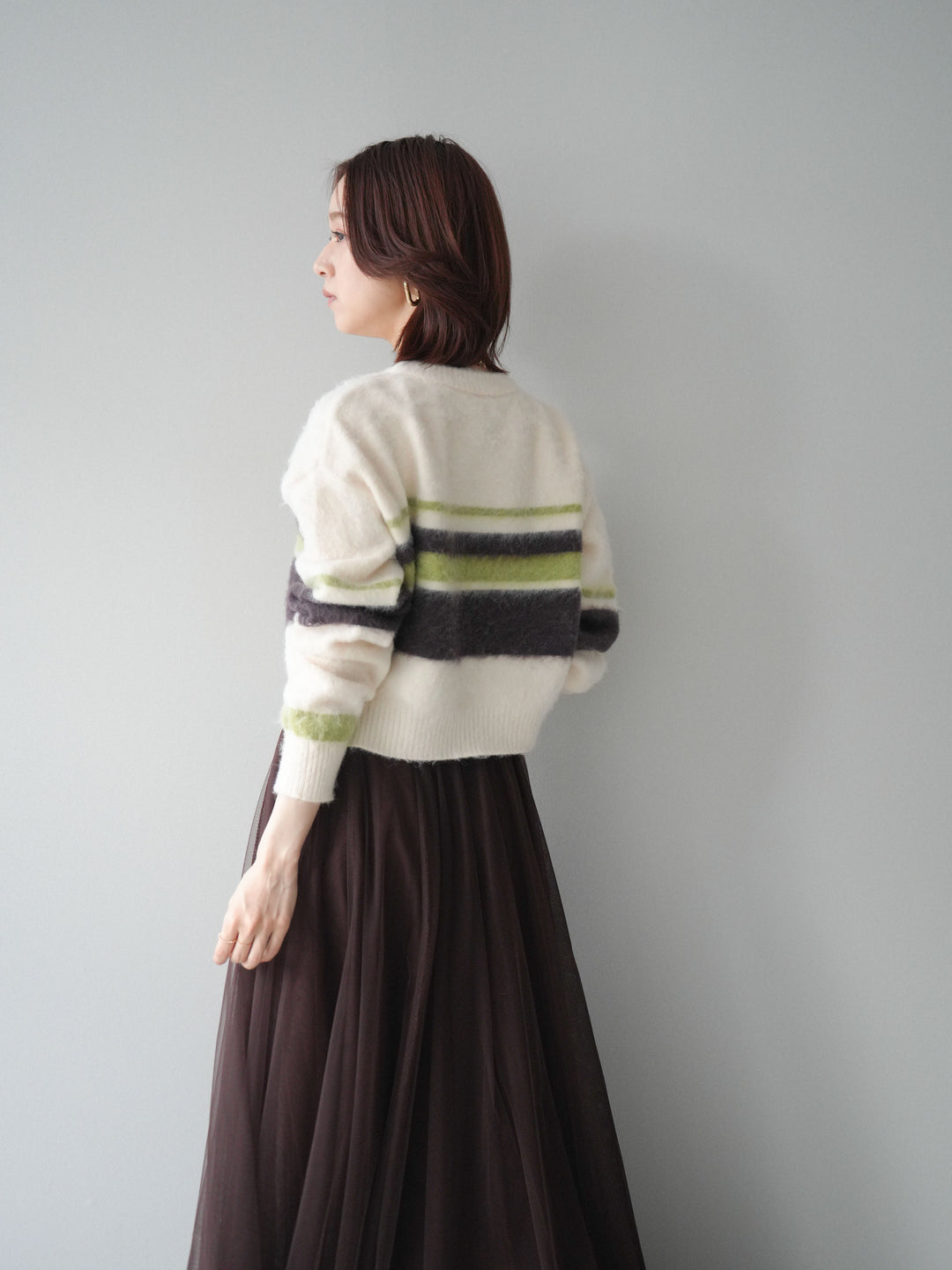 [SET]ソフトタッチボーダークロップドニットプルオーバー+チュールボリュームスカート(2set)