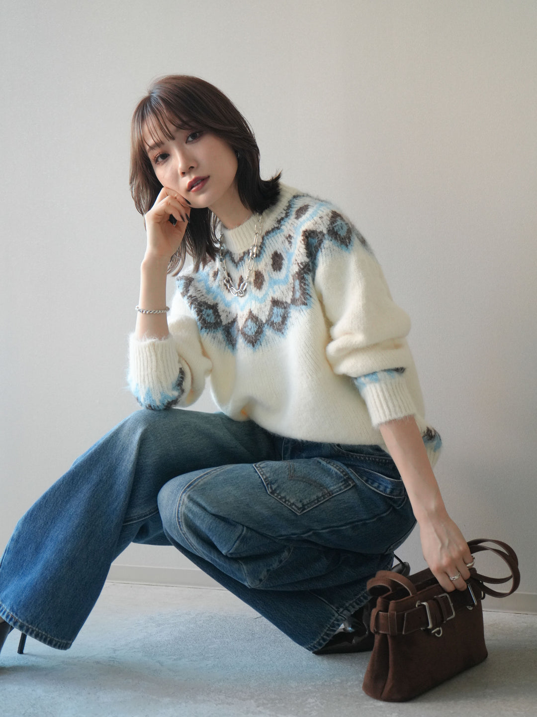 [予約]ソフトタッチ求心柄ニットプルオーバー/white