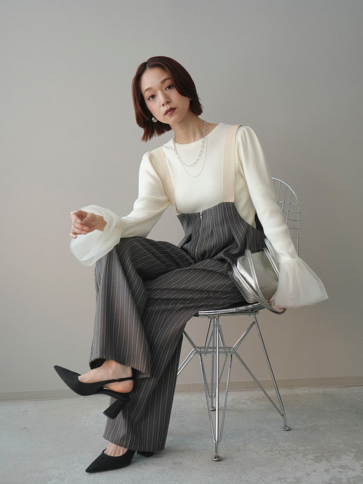 [SET]袖チュールパワショルリブニットトップス+グログランテープストライプサロペット(2set)
