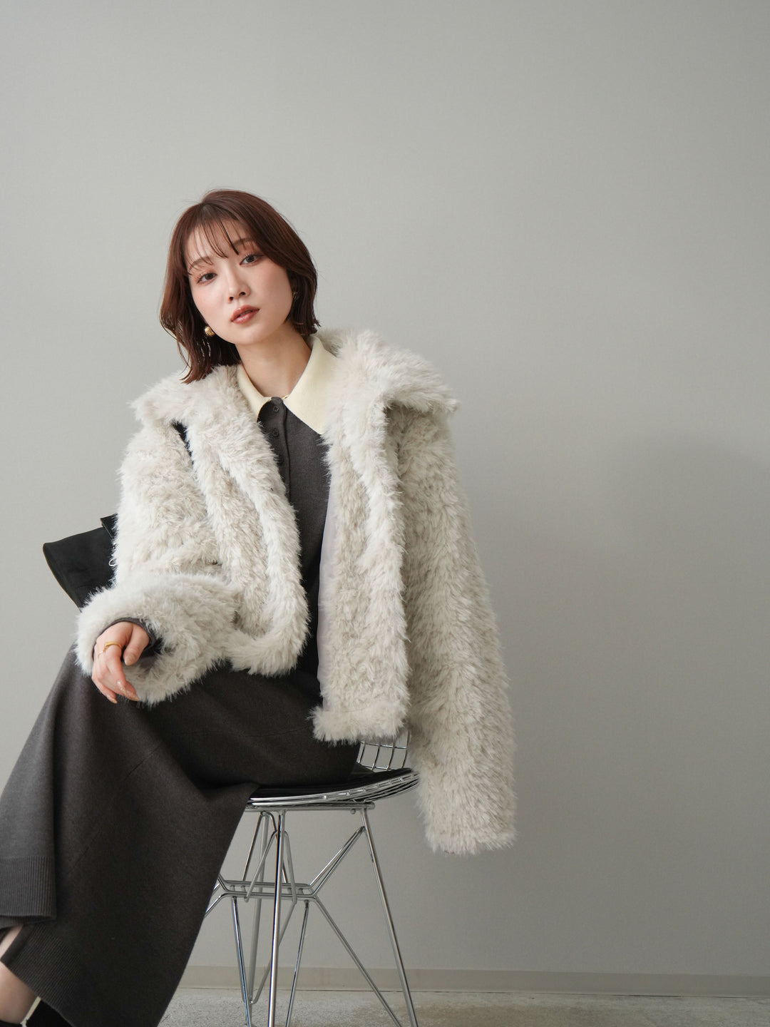 [SET]配色ポロニットワンピース+フェイクファー襟付きショートブルゾン(2set)