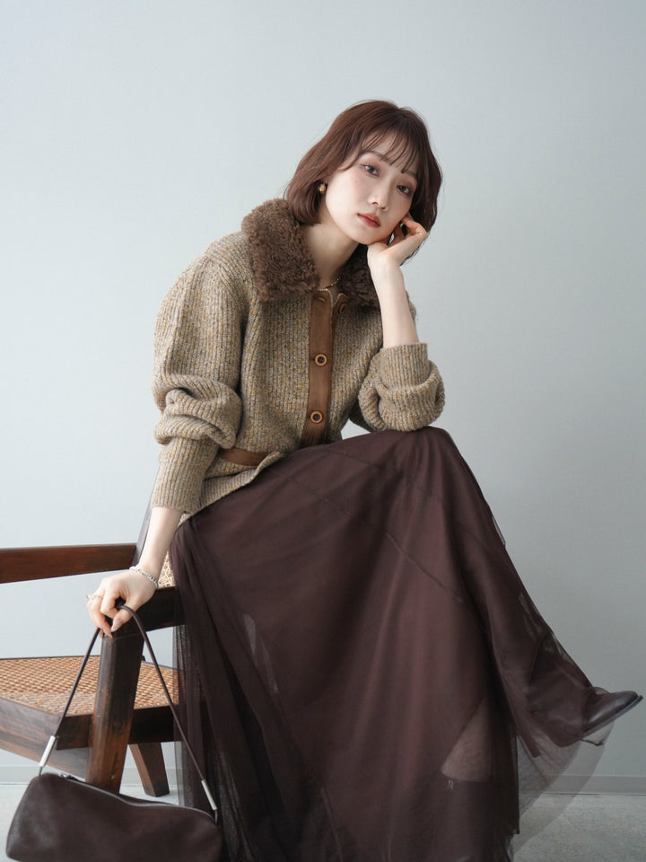 [予約]襟ボアミックスヤーンニットカーディガン/brown