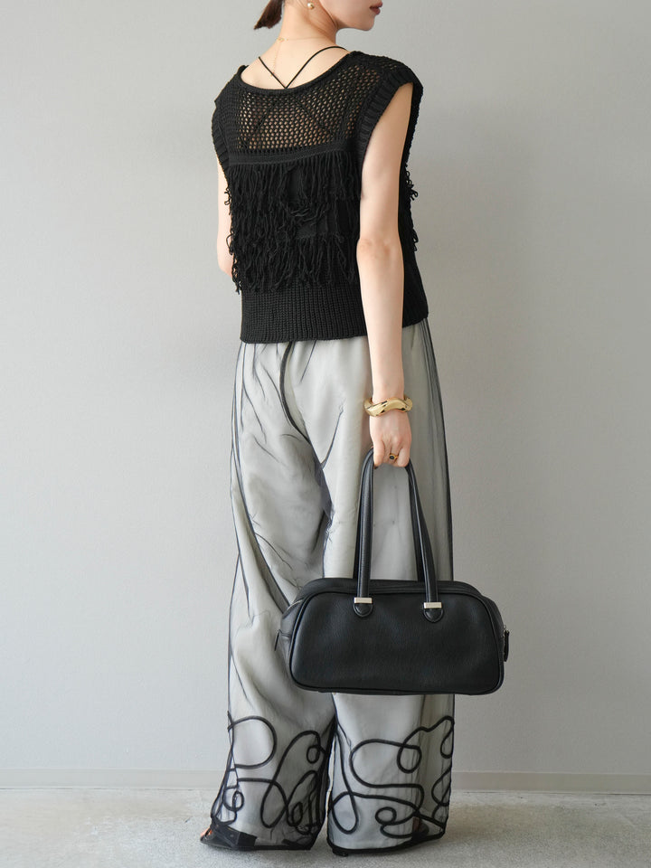 [SET]透かし編みフリンジニットトップス+コード刺繍チュールレイヤードパンツ(2set)