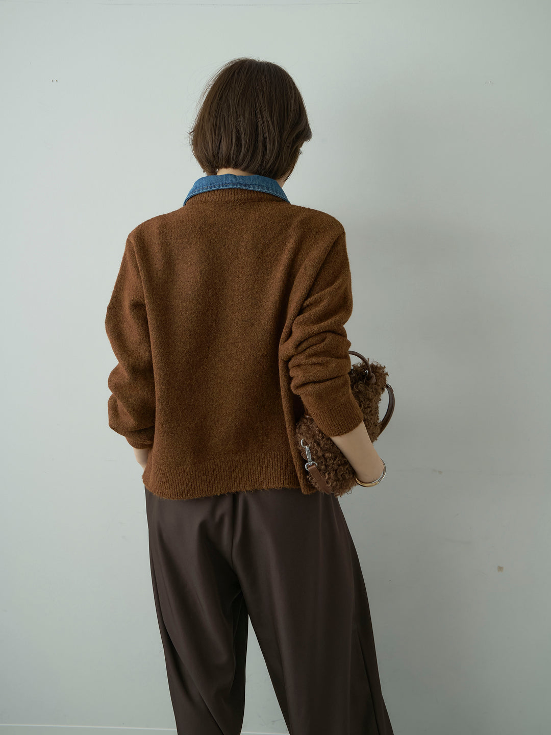 [予約]デニムシャツレイヤードデザインカーディガン/brown