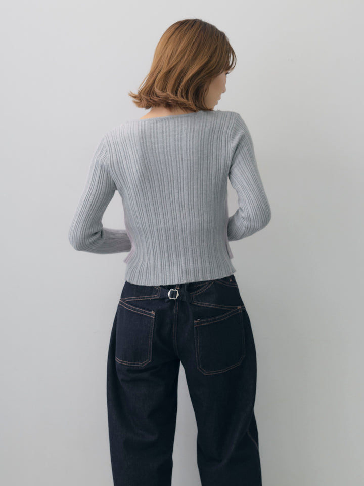[予約]レイヤードデザインランダムリブニットトップス/gray