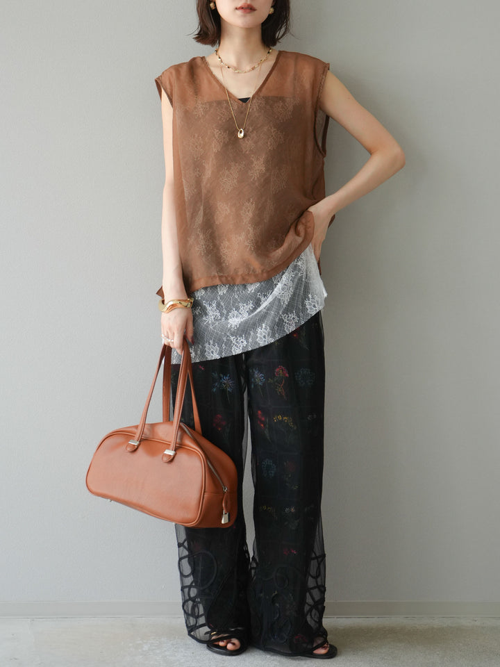 [予約]レースレイヤードオーガンジートップス/ブラウン