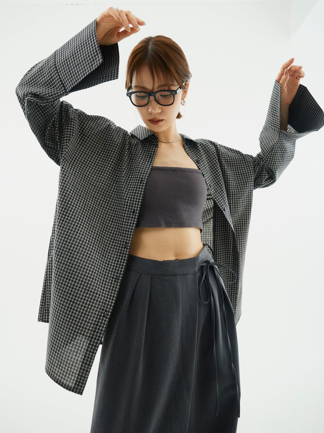 【Allure】[SET]チェックBIGカフスオーバーシャツ+チェックBIGカフスオーバーシャツ(2set)