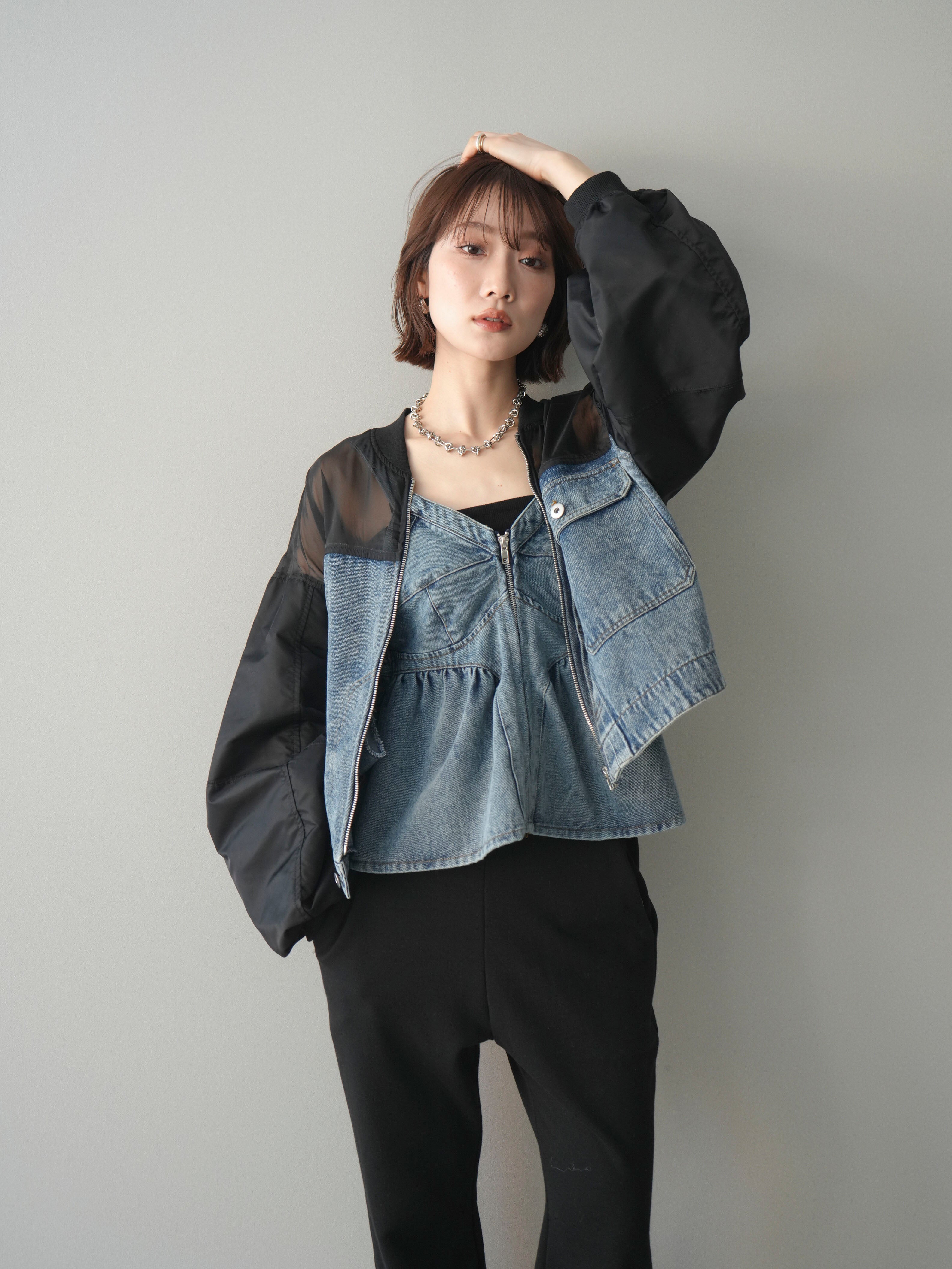 SET]異素材デニムブルゾン+デニムぺプラムジップビスチェ(2set) – Lumier