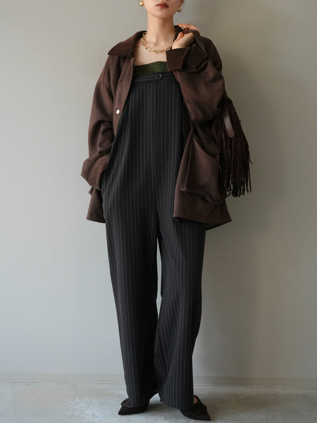 [予約]サテン切替ピンストライプサロペット/ブラック