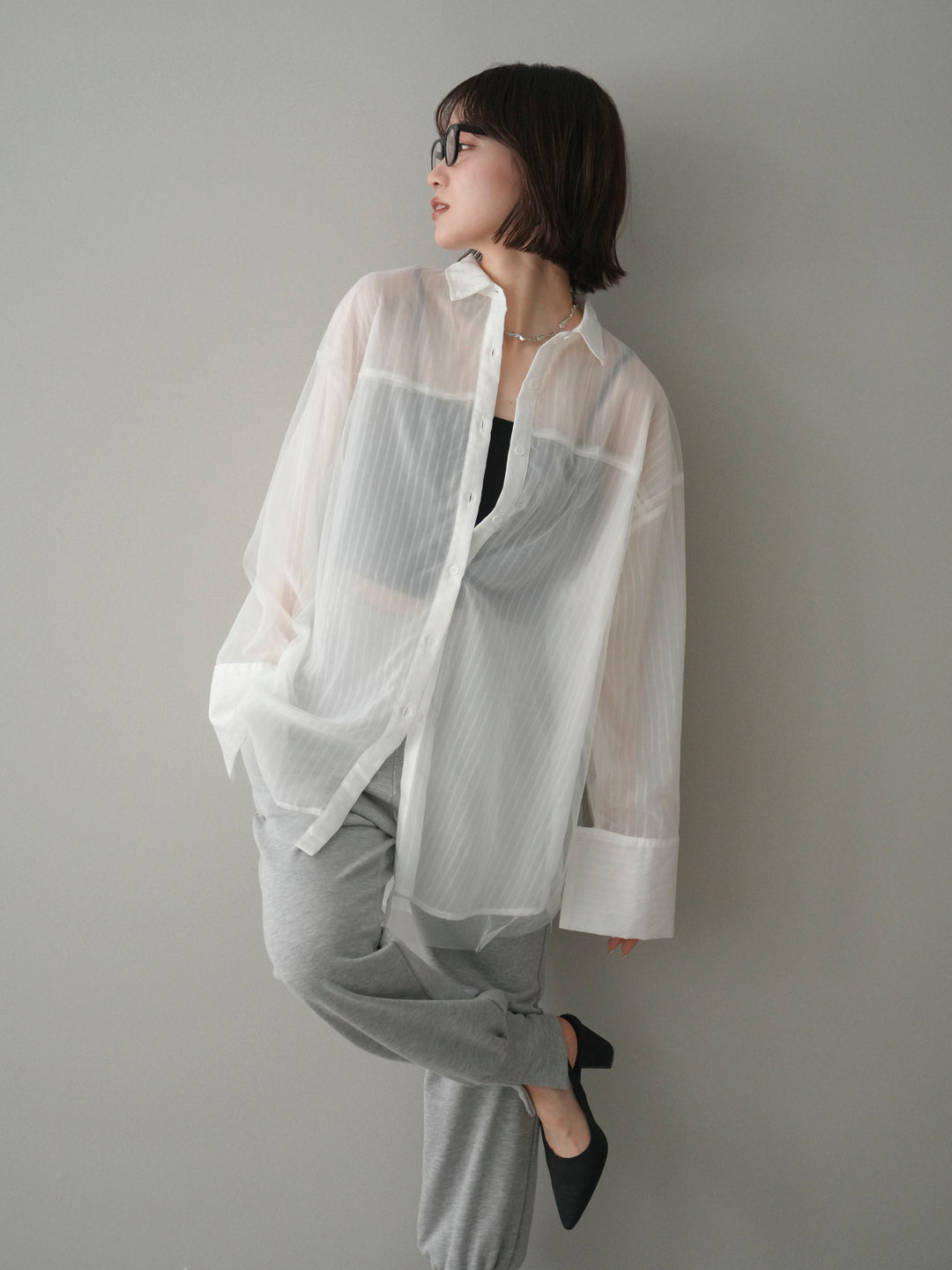 [予約]チュールレイヤードストライプシアーシャツ/offwhite