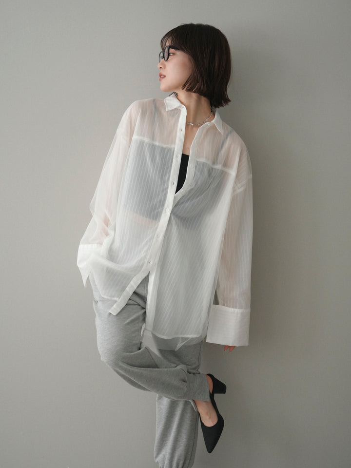 [予約]チュールレイヤードストライプシアーシャツ/offwhite