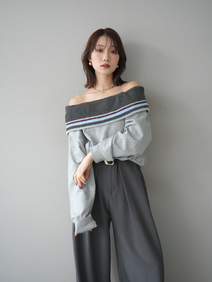 [予約]ボーダーニットオフショルダーxスウェットプルオーバー/gray