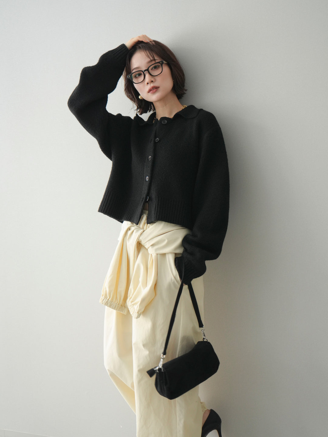 [予約]メランジニット襟付きクロップドカーディガン/black