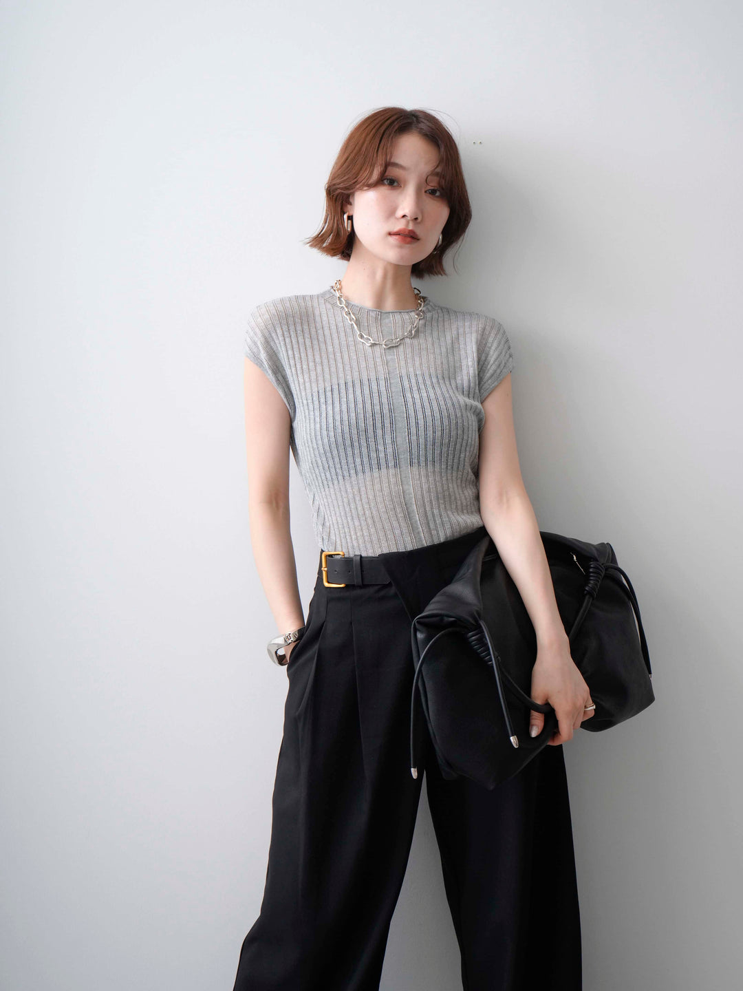 [予約]シアーリブフレンチニットトップス/grey