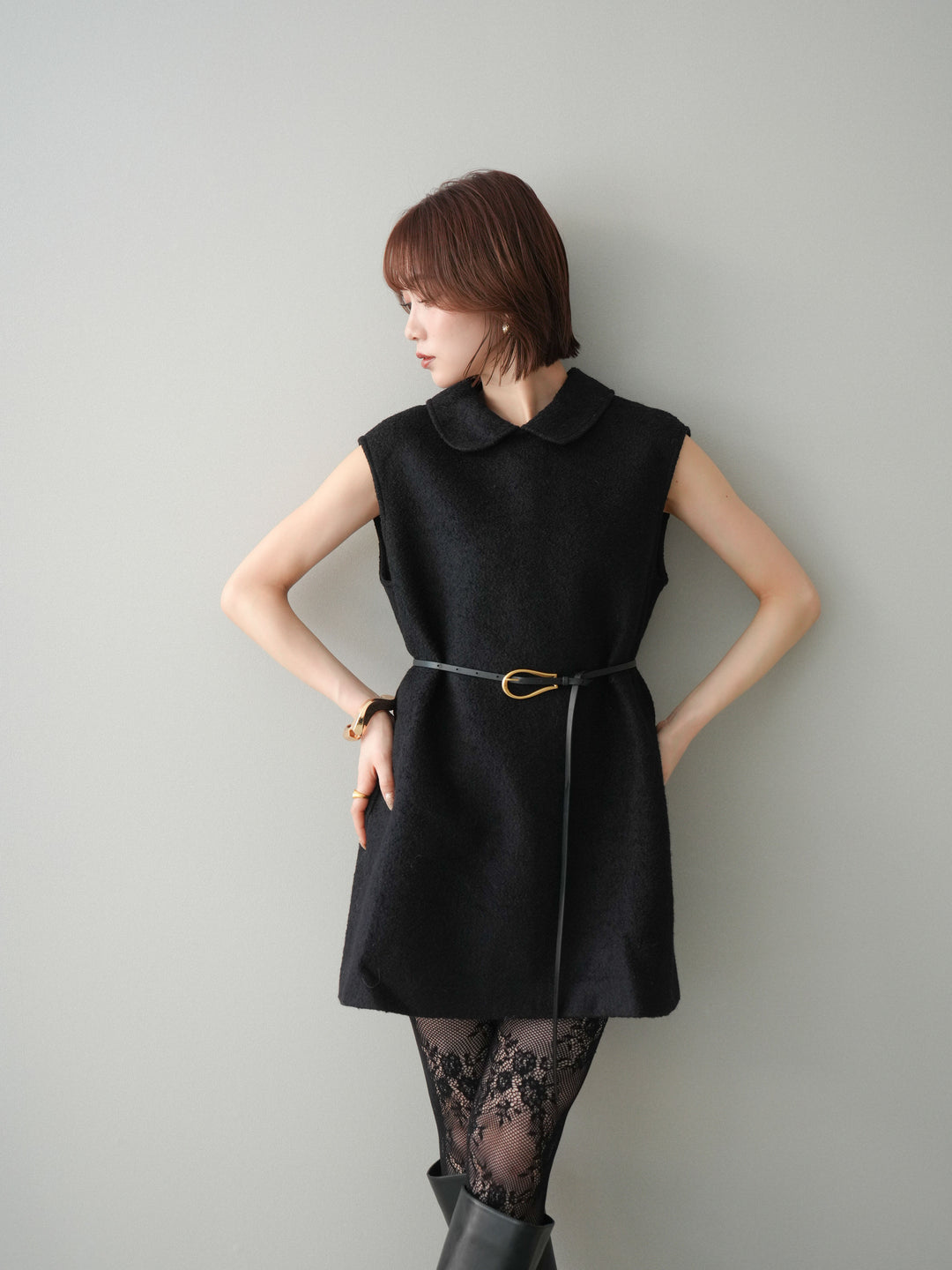 [予約]襟付きブークレミニワンピース/black