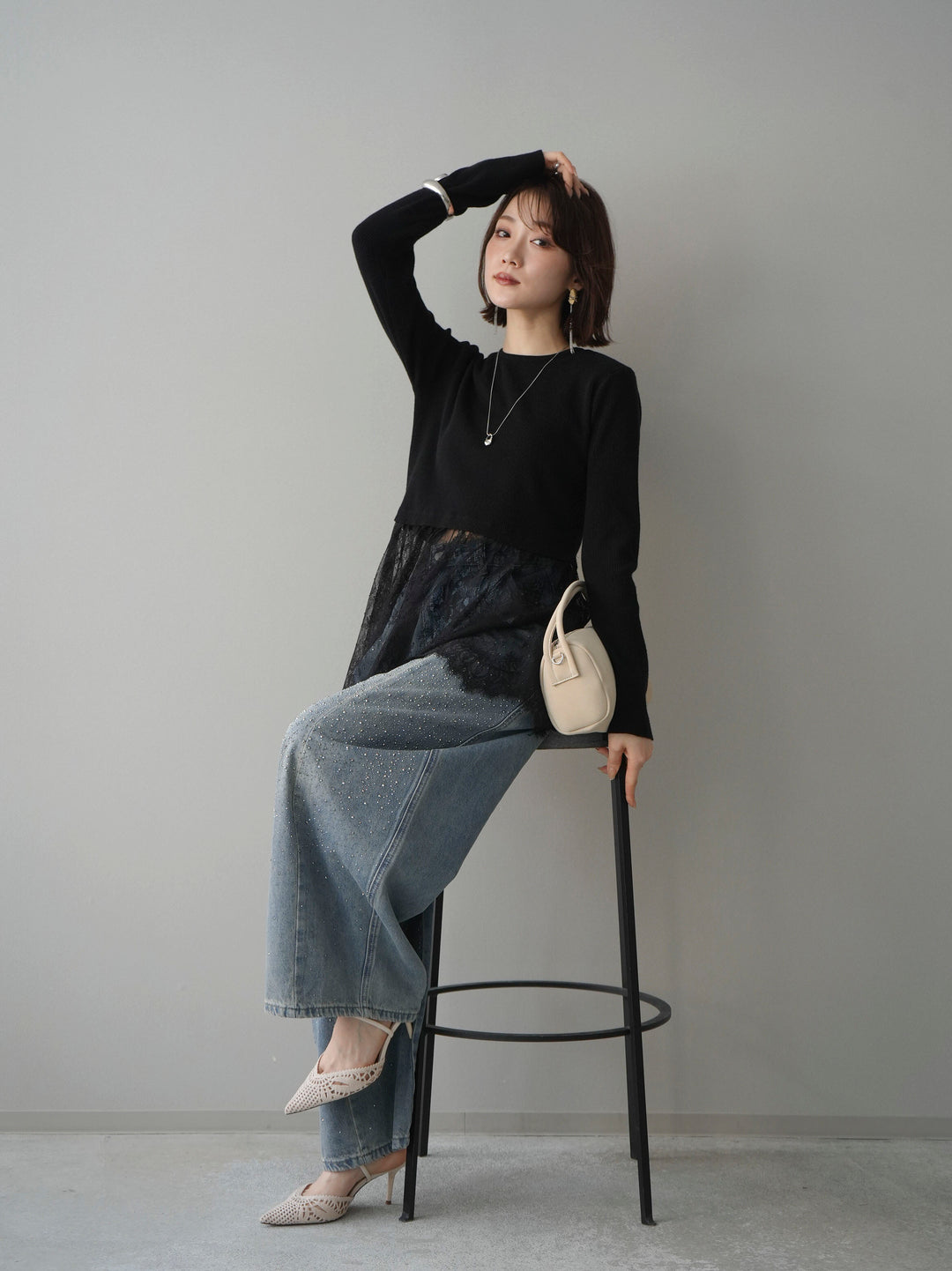 [SET]クルーネックレースドッキングリブニットトップス+フロントビジューカーブデニムパンツ(2set)