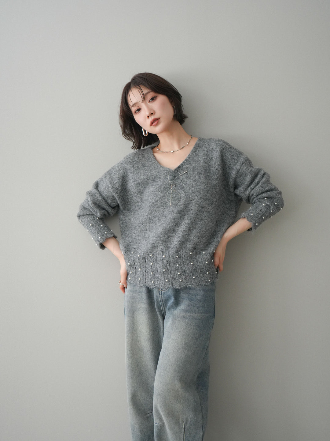 [SET]パールフリルリブヘムニットプルオーバー+選べるアクセセット(2set)