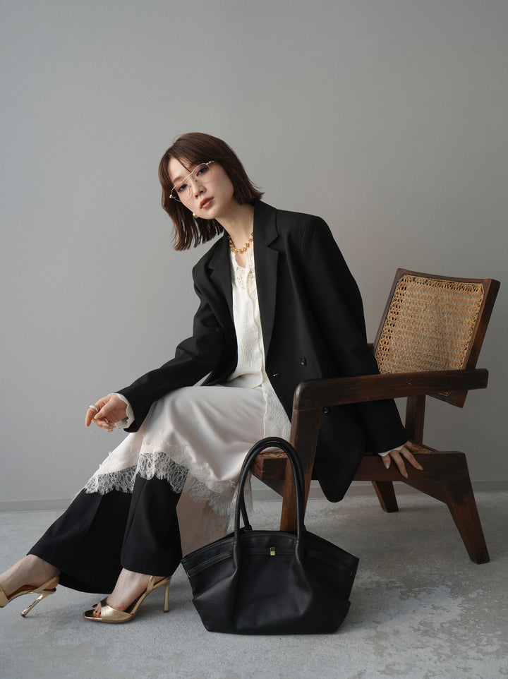 [SET]ダブルブレストオーバージャケット+レースネックジャガードニットカーディガン(2set)