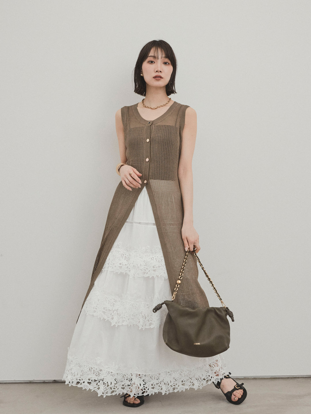 [SET]アソートボタンニットロングジレ+スカラップレースロングスカート(2set)