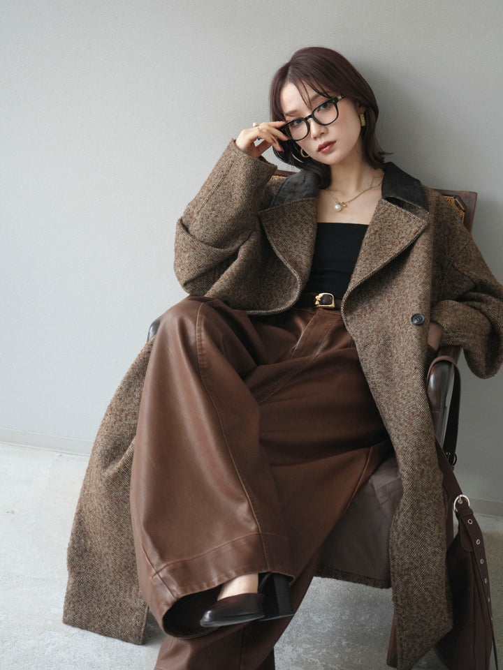 [予約]ネップヘリンボーンレザー襟チェスターコート/brown