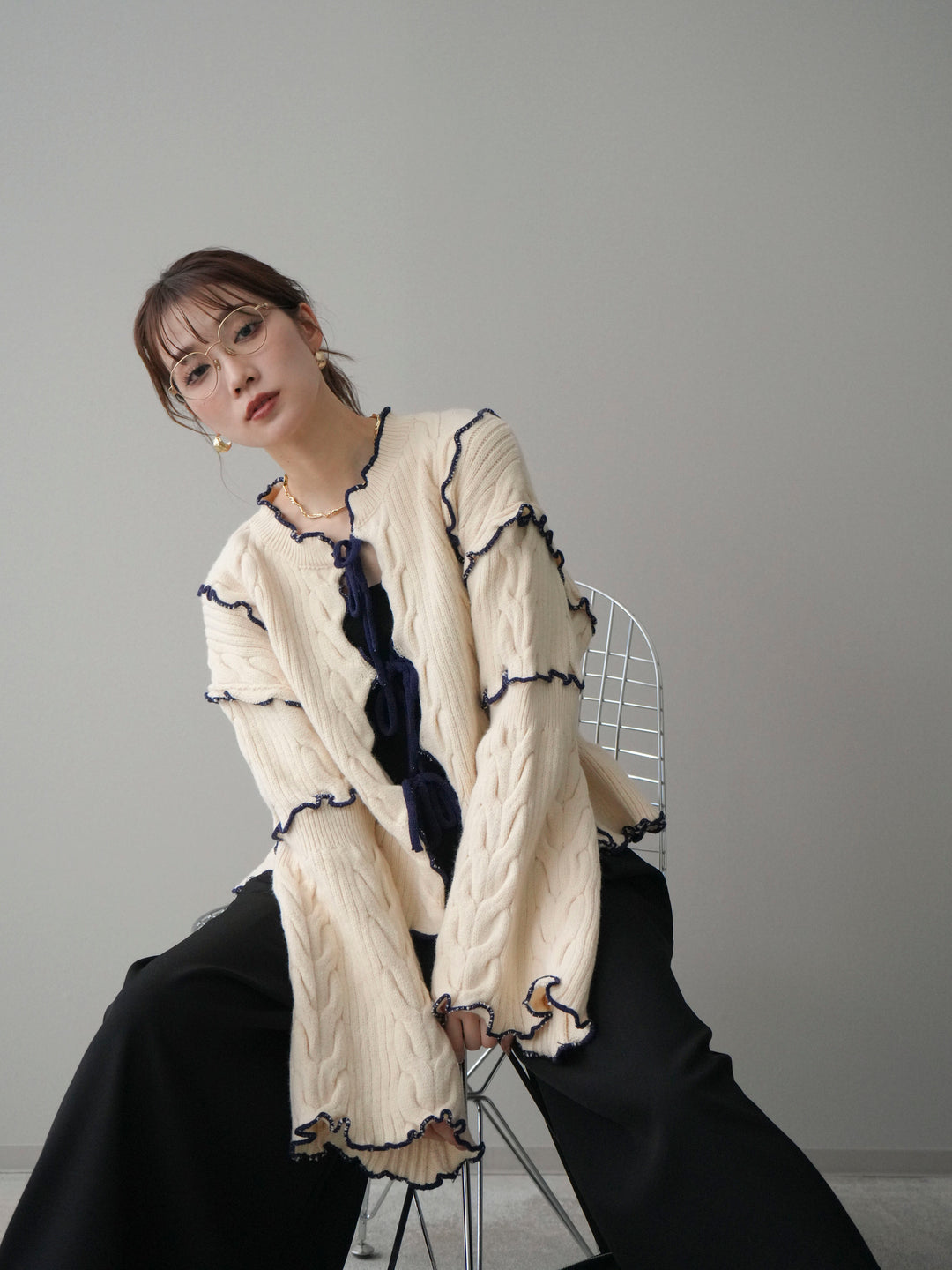 [予約]フロントリボン配色メローニットカーディガン/ivory