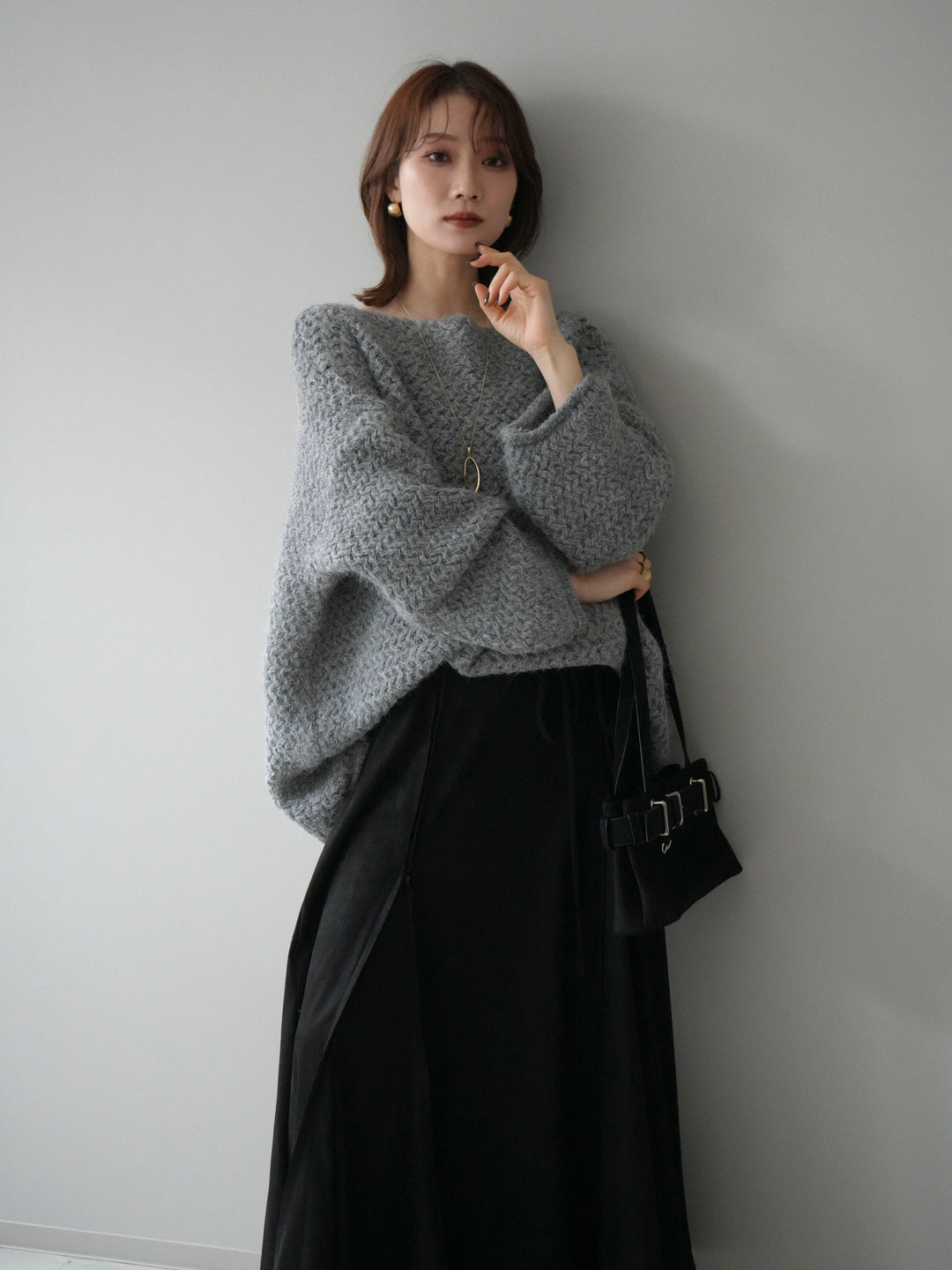 [予約]ワッフル編みオーバーニットプルオーバー/gray