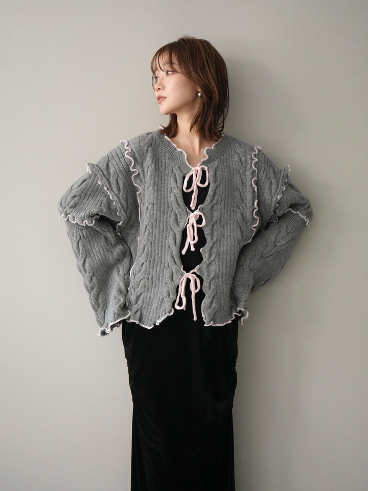[SET]フロントリボン配色メローニットカーディガン+選べるアクセセット(2set)