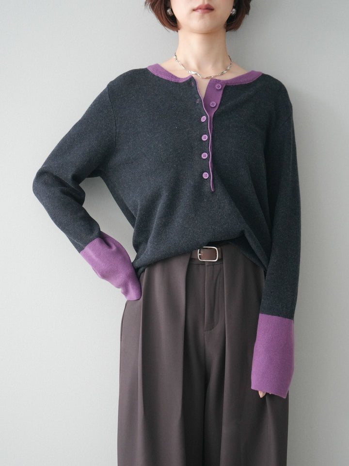 [SET]ヘンリーネック配色ニットソー+ベルトループデザインワイドパンツ(2set)