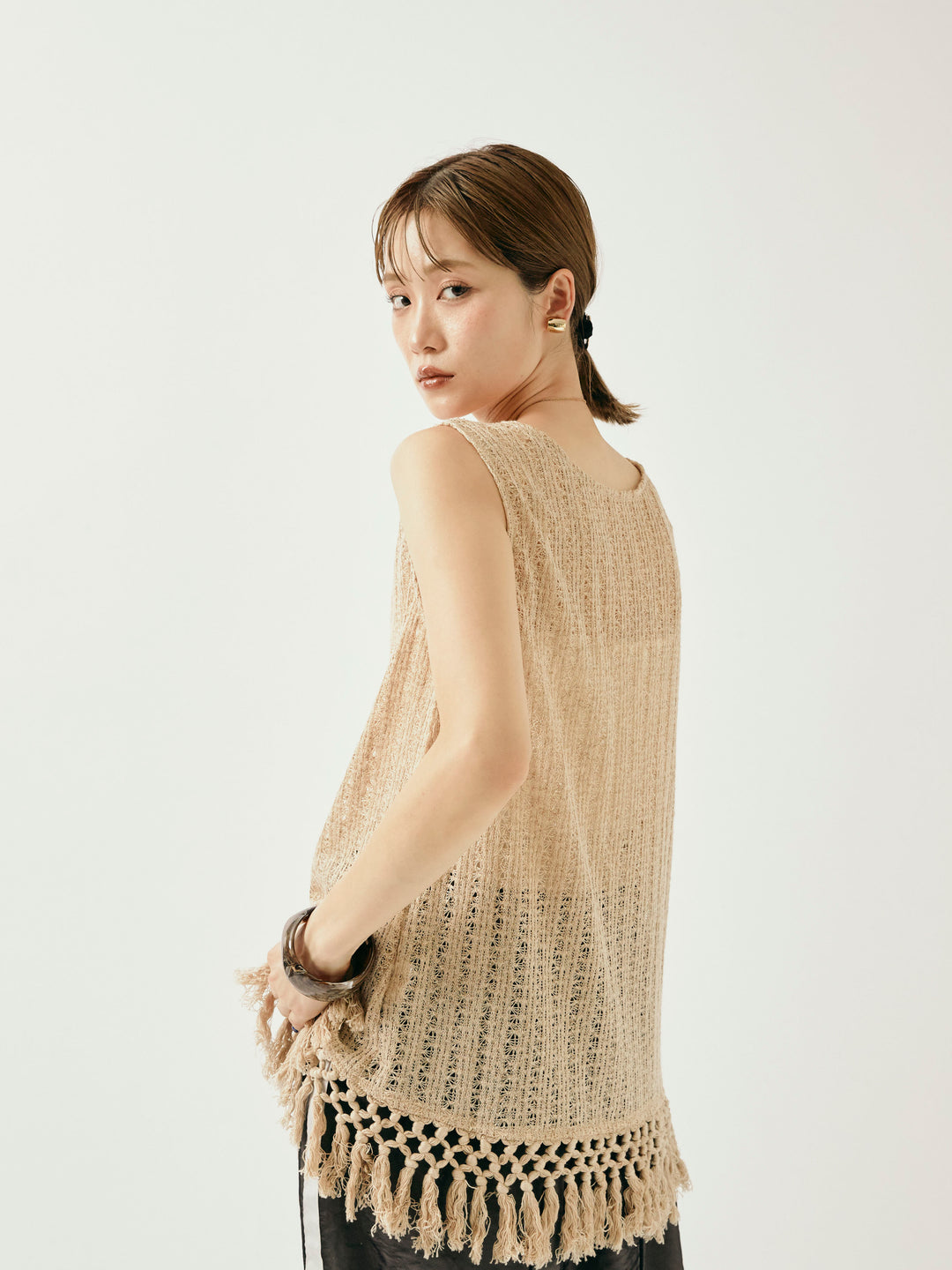 [予約]フリンジ透かし編みニットベスト/ベージュ