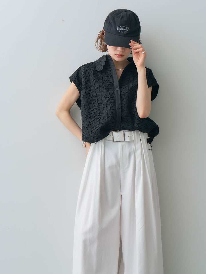 [予約]ドロストレーススリーブレスシャツブラウス/black
