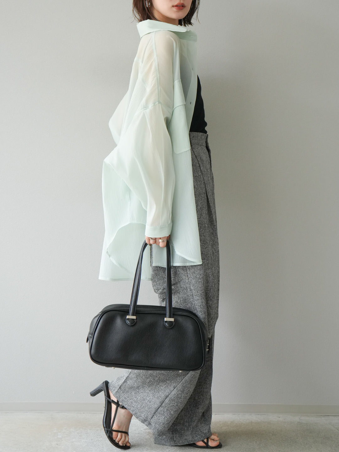 [預購] 混合粗花呢褶襉褲/黑色