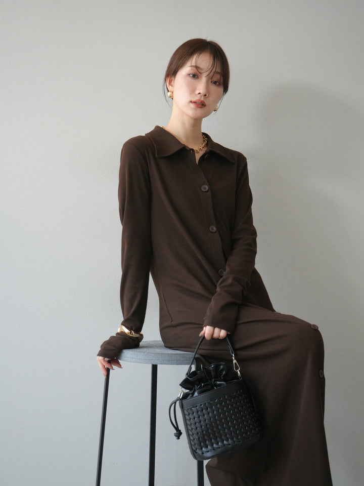 [予約]襟付きカットリブボタンワンピース/ブラウン