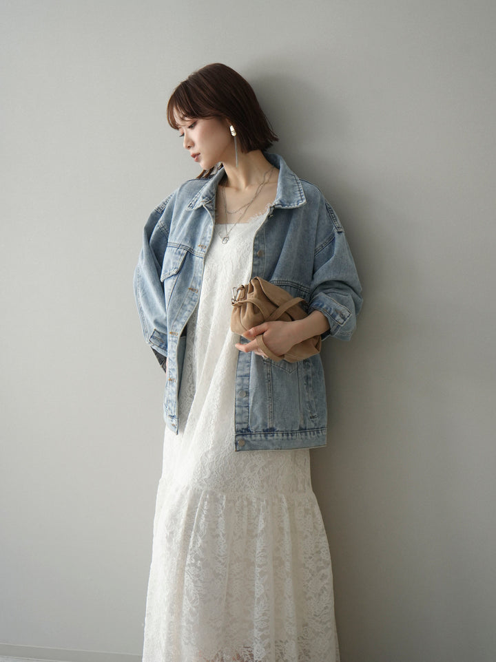 [SET]ギャザー切替レースキャミワンピース+デザインBIGポケットオーバーデニムジャケット(2set)