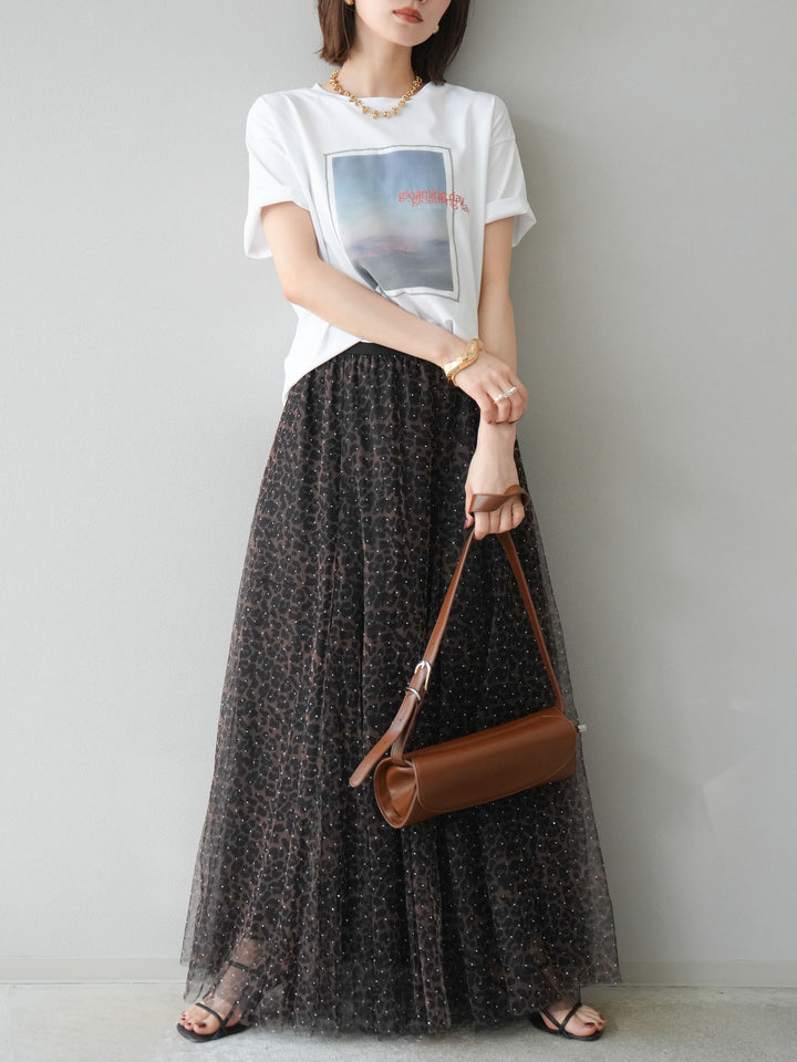 [5] 豹紋薄紗層疊百褶裙/摩卡色