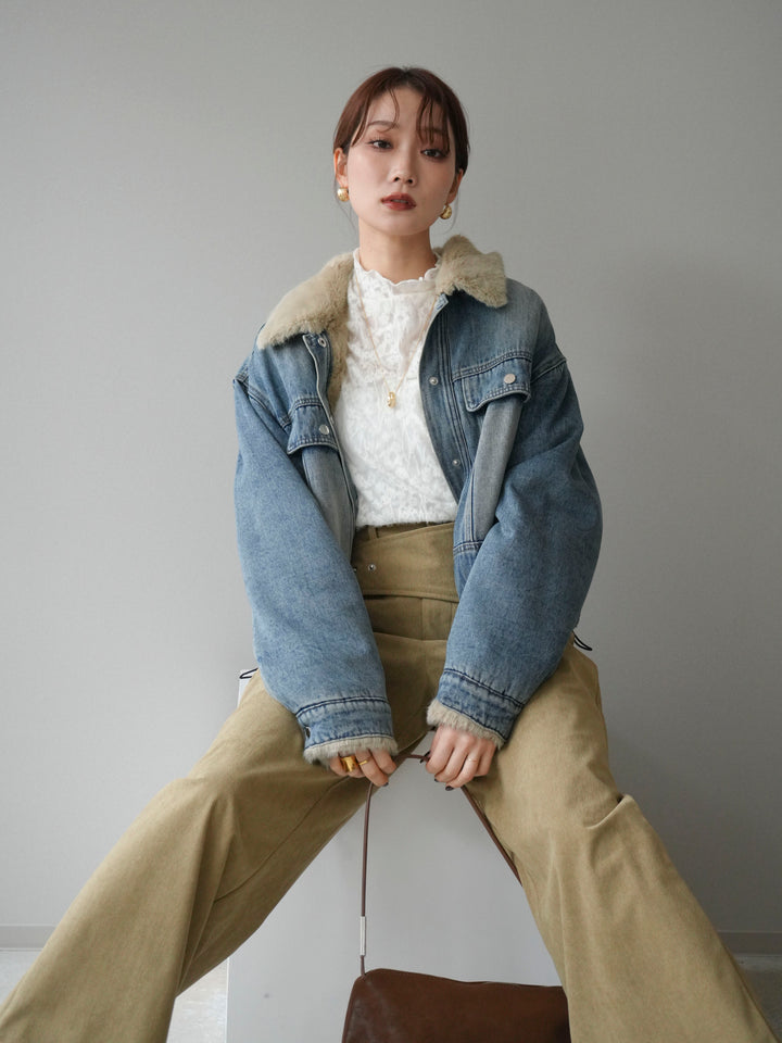 [予約]デニム×ファーステンカラーショートジャケット/lightblue