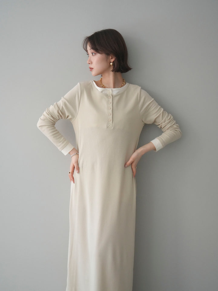 [予約]配色レイヤードヘンリーネックカットリブワンピース/ivory