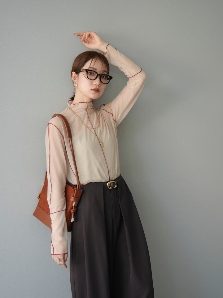 [予約]シアーパイピングカットソー/グレージュ×レッド