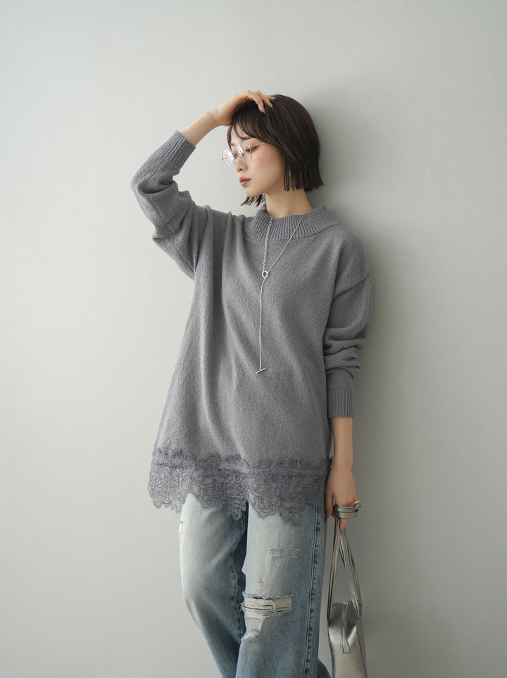 [SET]アシンメトリーレースヘムニットプルオーバー+選べるアクセセット(2set)