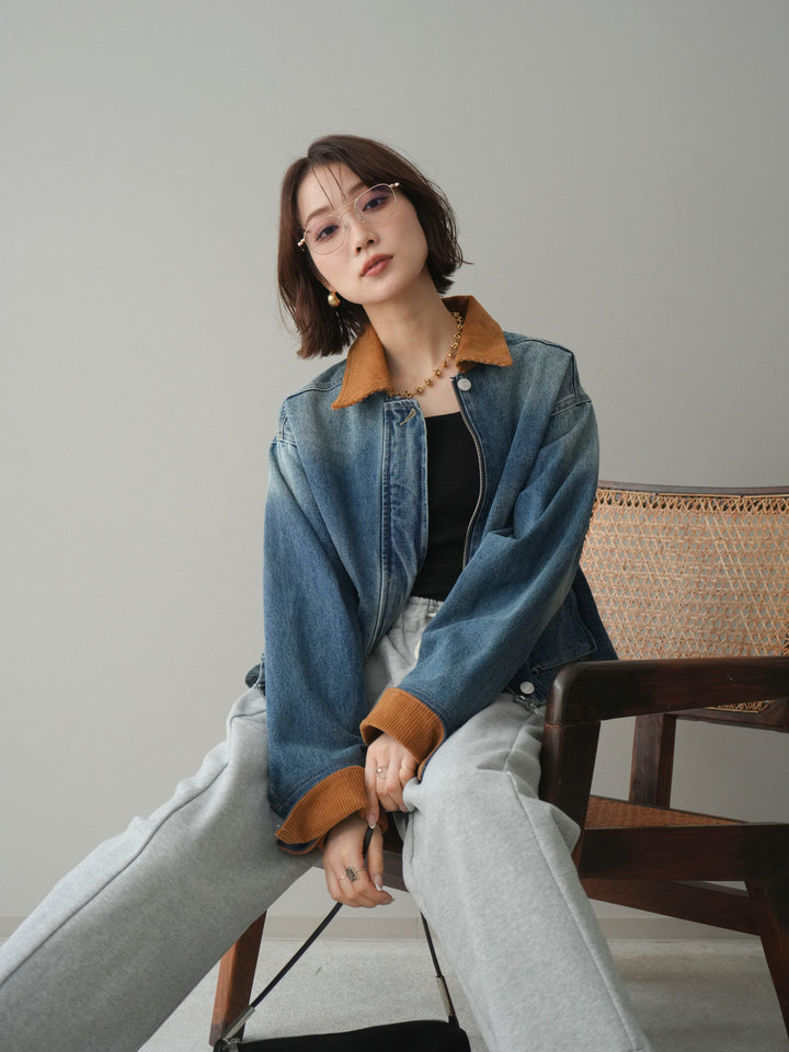 [予約]コーデュロイ×デニムショートカバーオール/blue