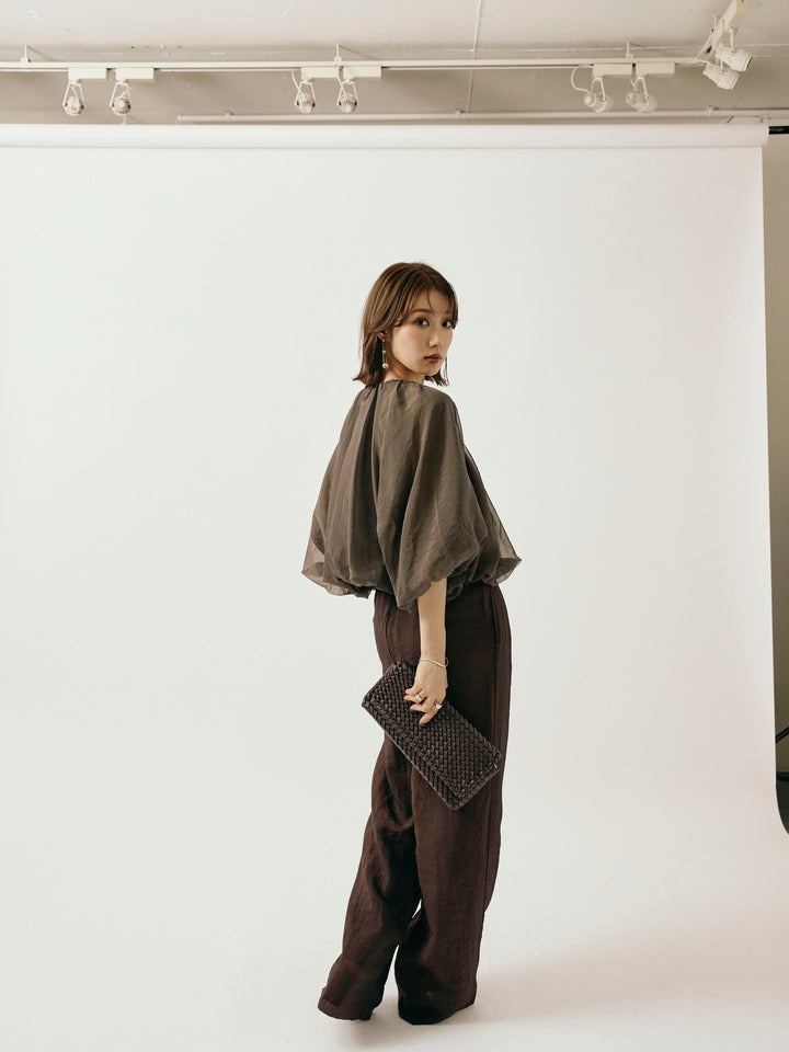 【Allure】[SET]オーガンジーバルーンショートブラウス+シャイニースラブシアーワイドパンツ(2set)