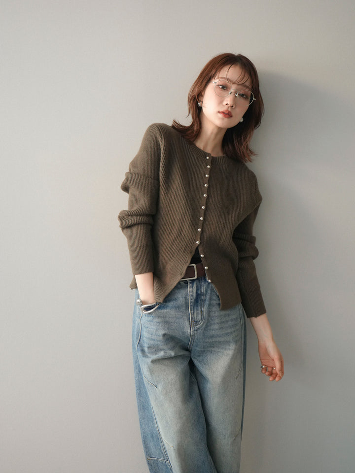 [SET]シルバーボタン畦編みニットカーディガン+ベルト付カーブデニムパンツ(2set)