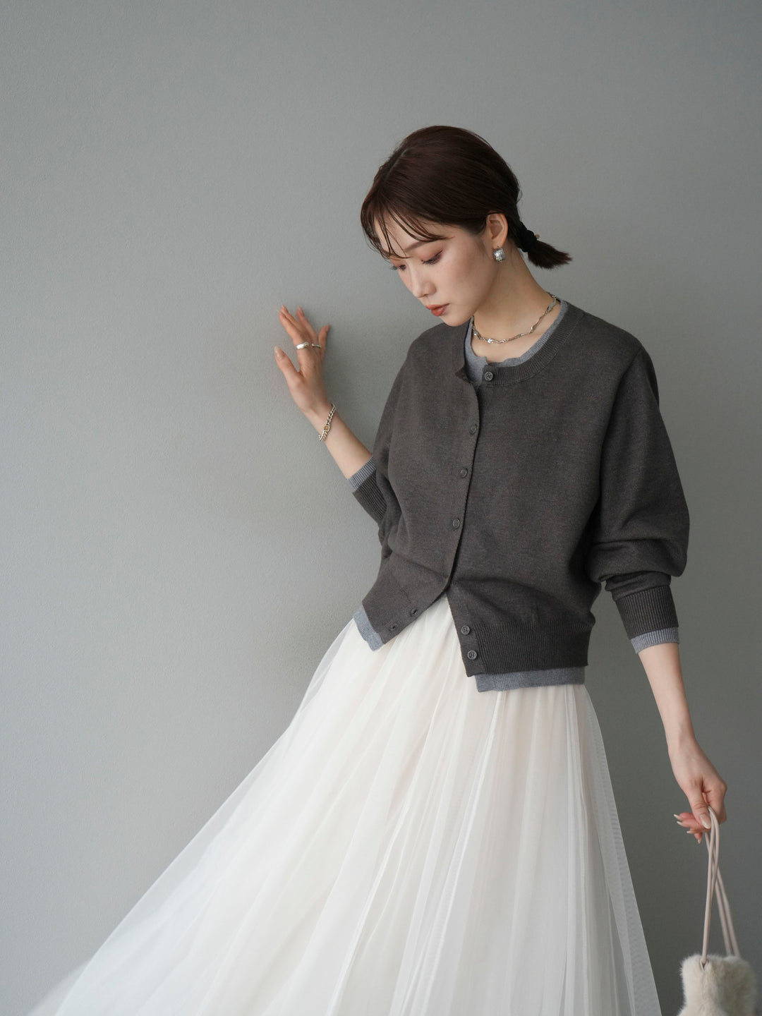 [SET]配色レイヤードカーディガン+チュールボリュームスカート(2set)