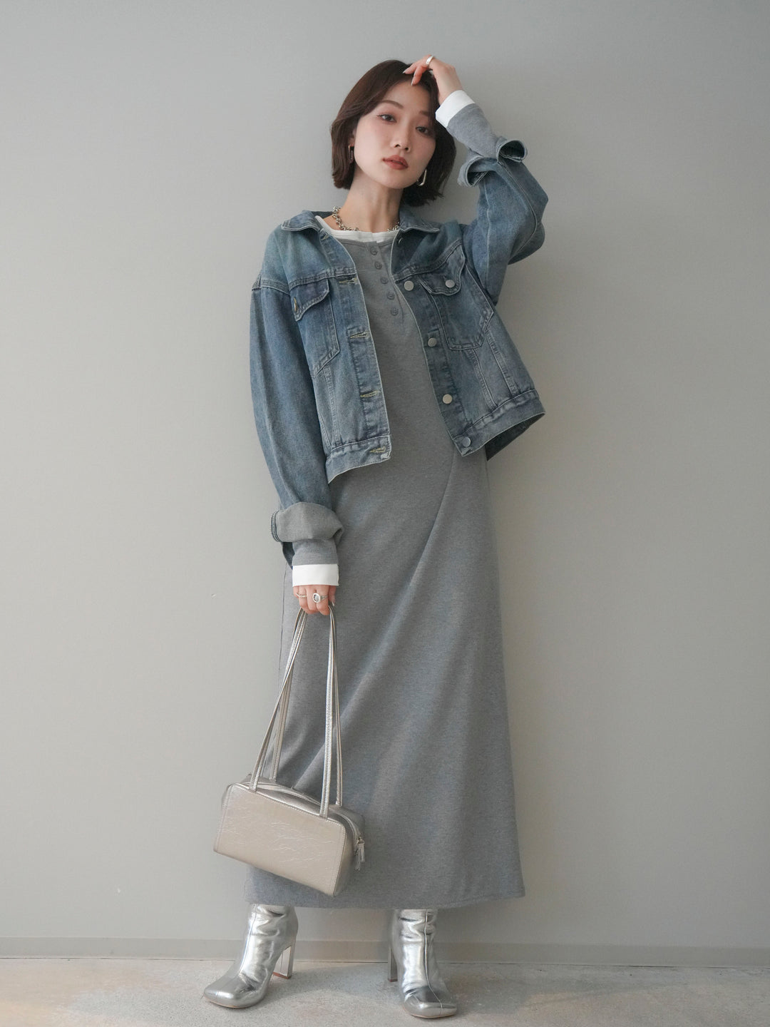 [SET]配色レイヤードヘンリーネックカットリブワンピース+配色ステッチデニムジャケット(2set)