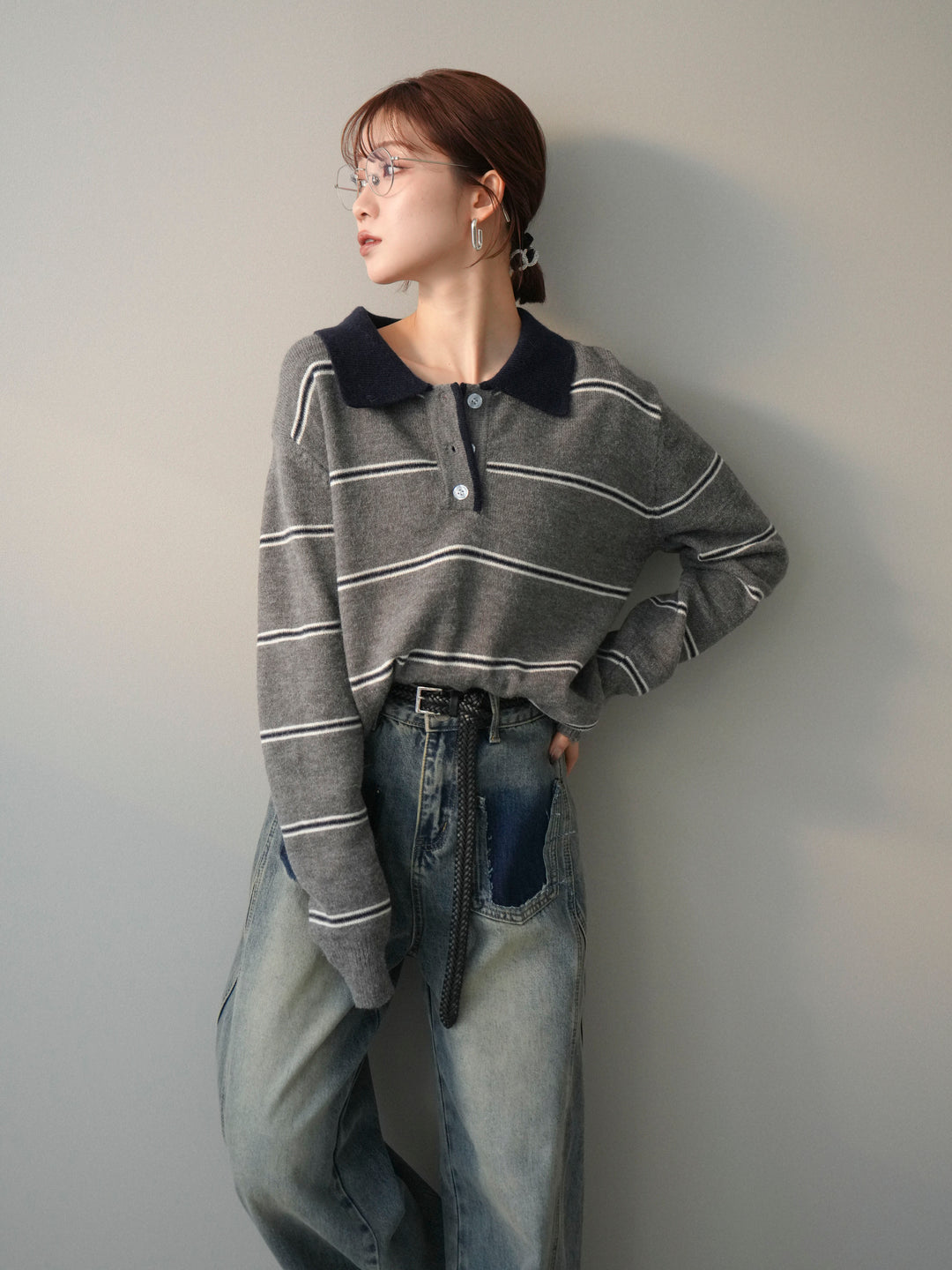 [予約]バイカラーボーダーポロニットプルオーバー/gray