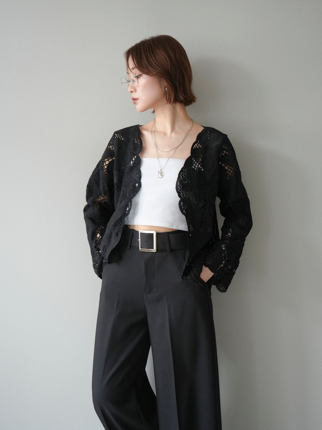 [予約]立体レーススカラップブラウス/black